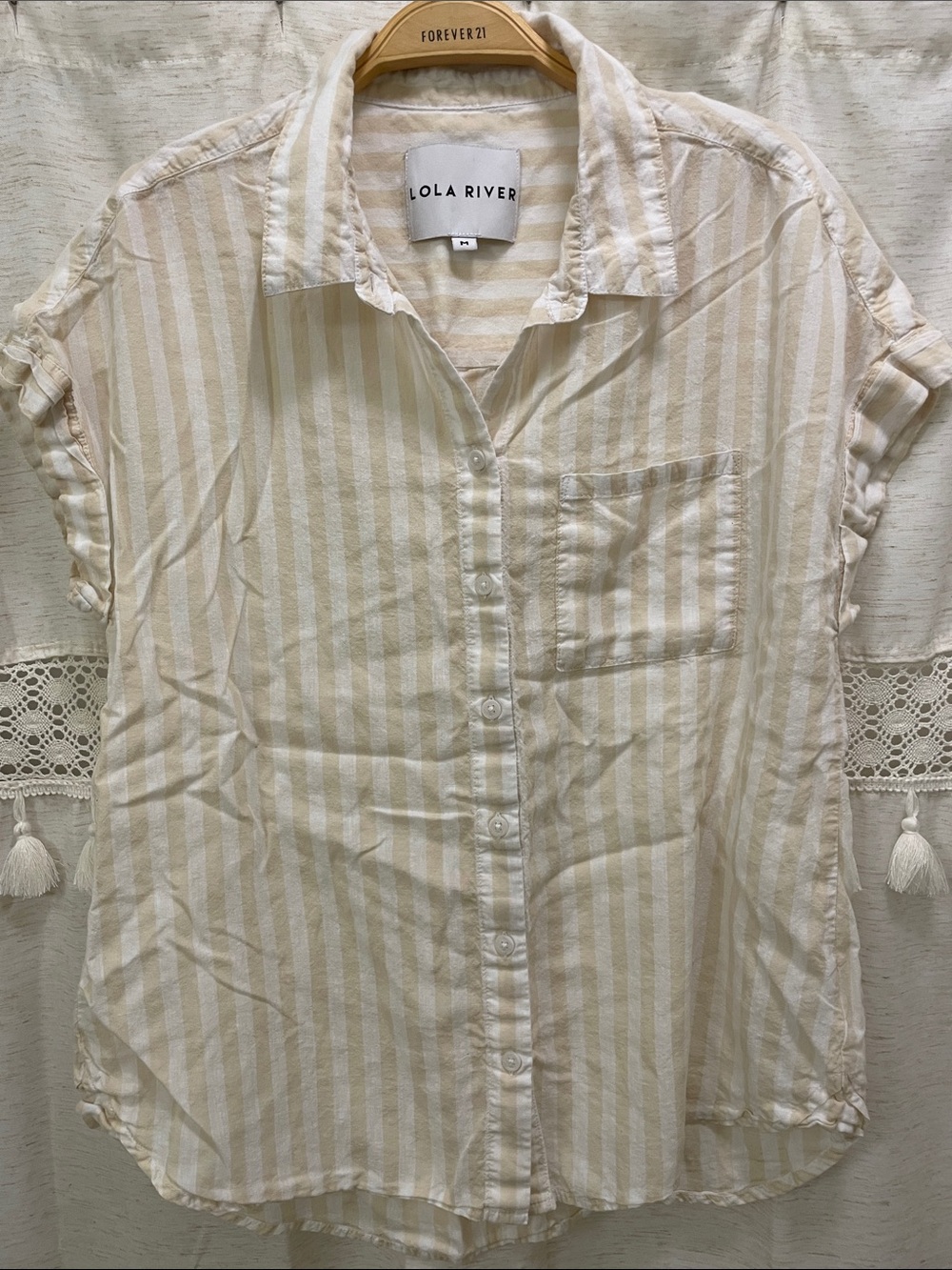 LOLA RIVER Pullover Cuffed Short Sleeve Linen Blend  Button Down shirt